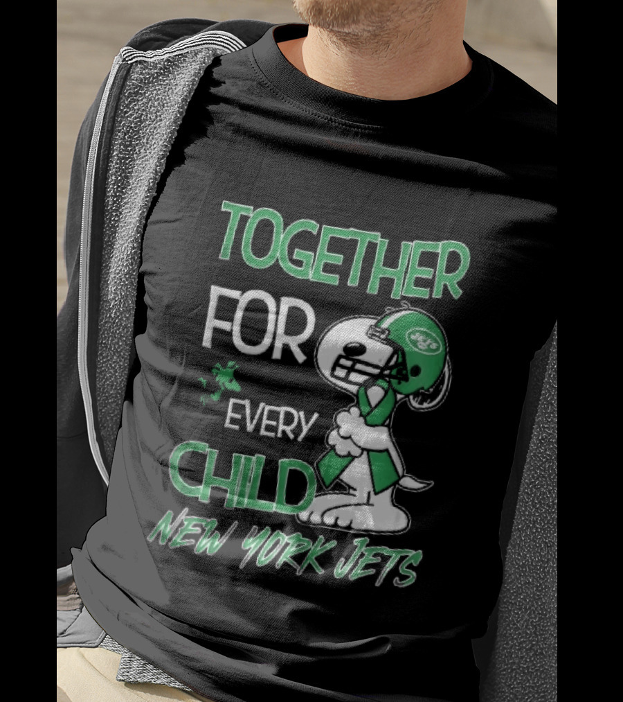 New York Jets Snoopy Woodstock Together For Every Child Football Helmet Green Ribbon T-Shirt