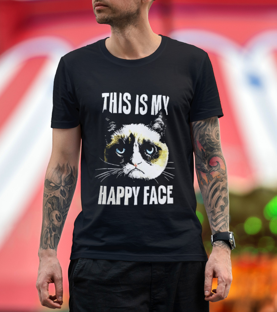 This Is My Happy Face Grumpy Cat Blue Eyes Frowning T-Shirt