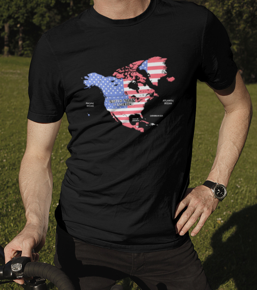 United States American Flag Map Of North America Featuring USA Canada Mexico Greenland T-Shirt