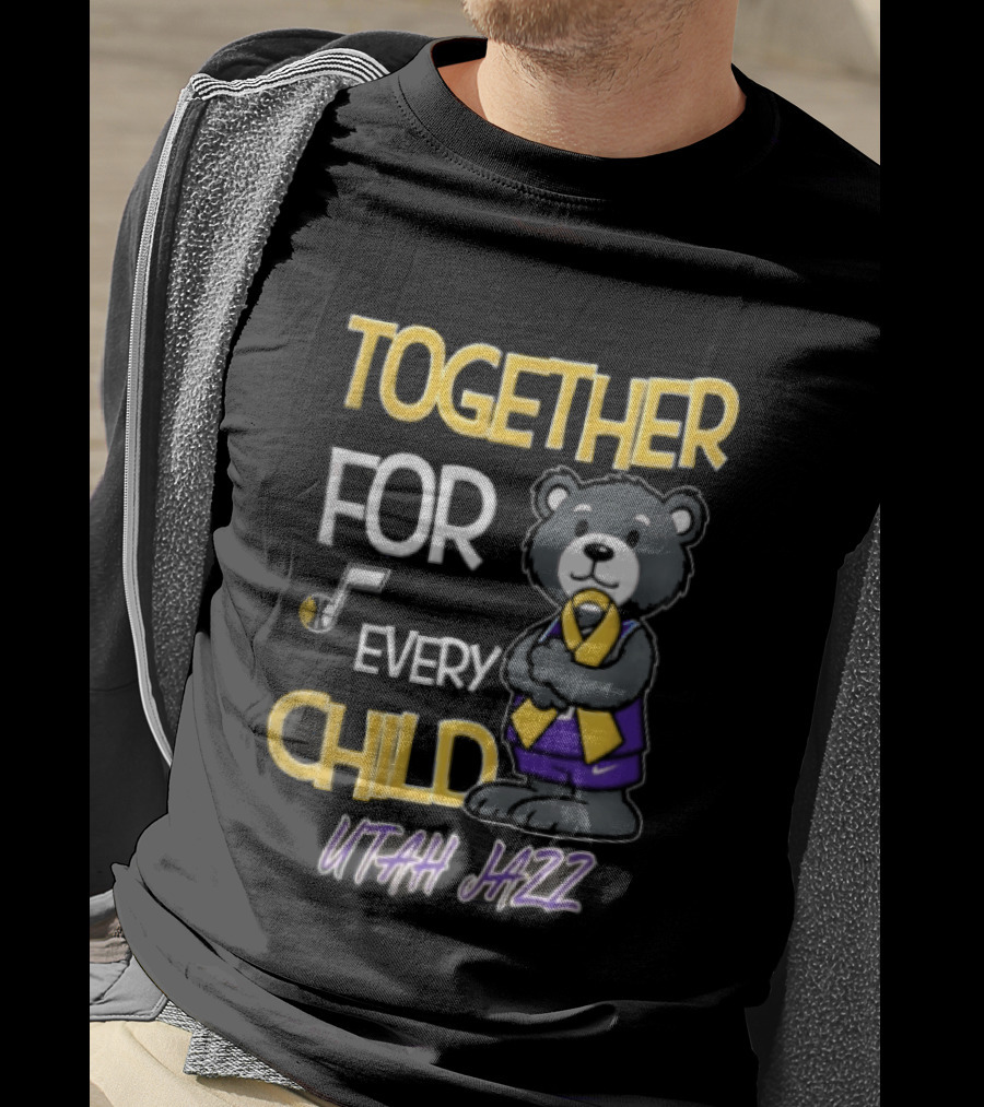 Utah Jazz Together For Every Child Cartoon Bear Gold Ribbon Purple Uniform T-Shirt