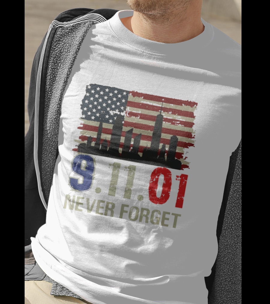 9.11.01 Never Forget American Flag Skyline Memorial Patriot 9 11 T-Shirt