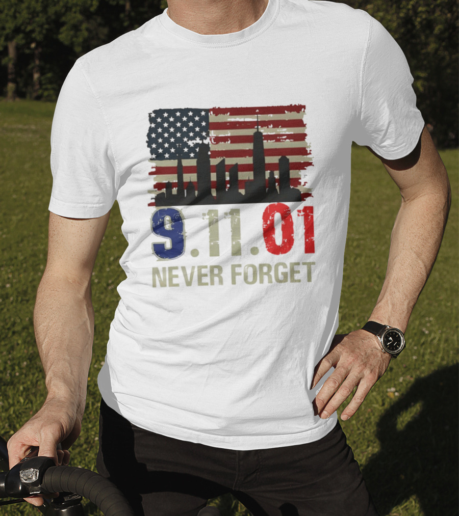 9.11.01 Never Forget American Flag Skyline Memorial Patriot 9 11 T-Shirt