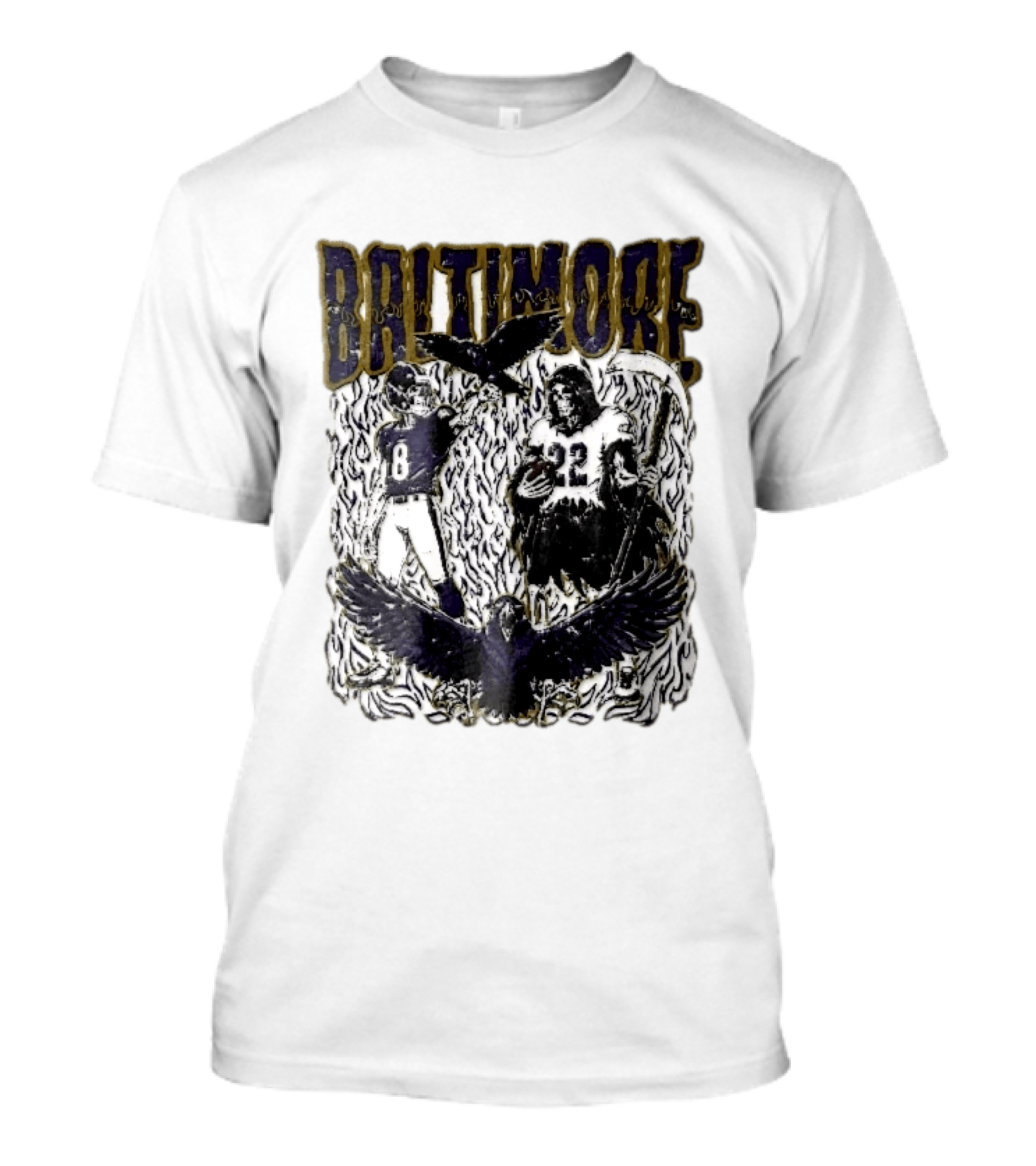 Baltimore Ravens Skeleton Grim Reaper Scythe Purple Flames Football Players Ravens T-Shirt
