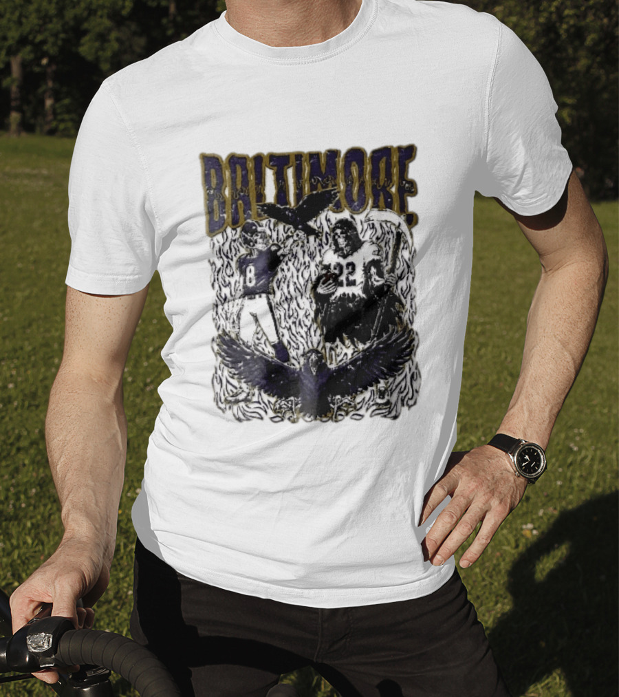 Baltimore Ravens Skeleton Grim Reaper Scythe Purple Flames Football Players Ravens T-Shirt