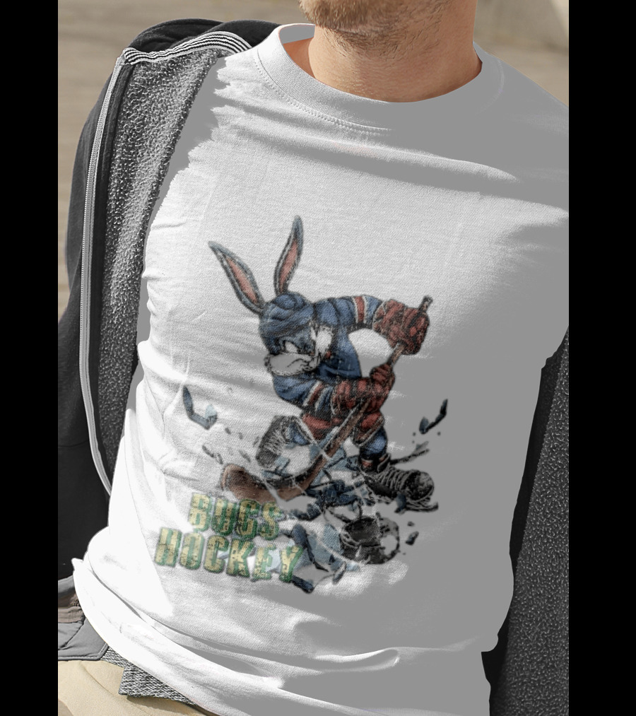 Bugs Hockey Cartoon Bunny Cracking Ice Puck Shot Distressed T-Shirt
