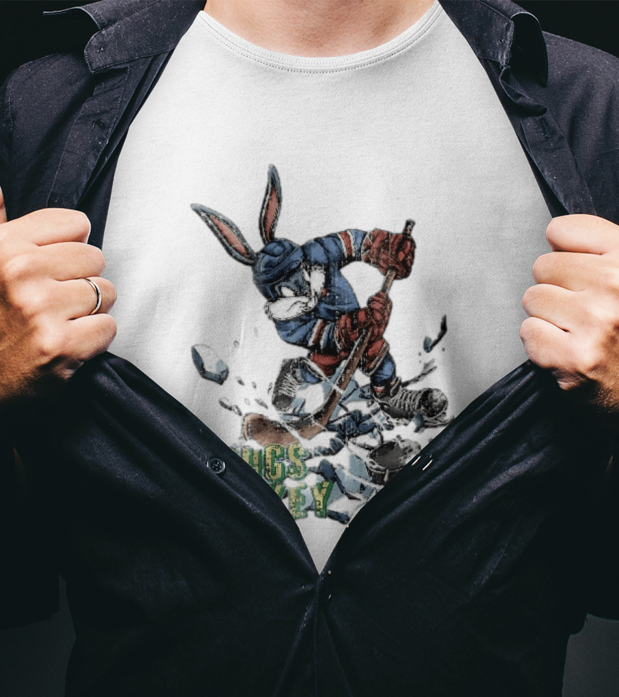 Bugs Hockey Cartoon Bunny Cracking Ice Puck Shot Distressed T-Shirt