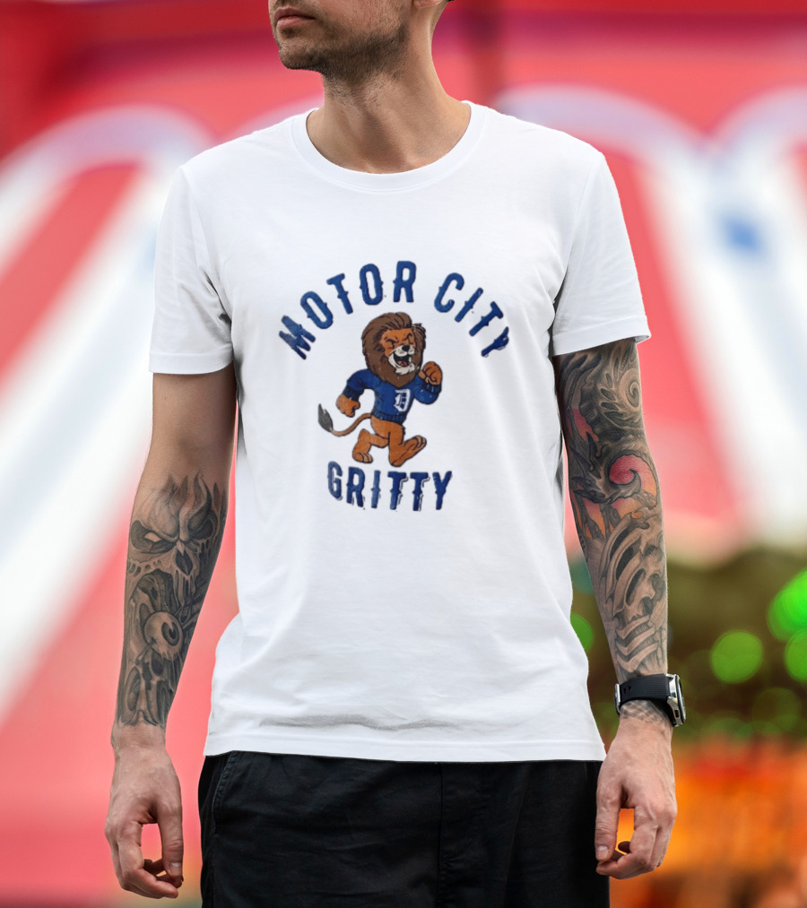 Motor City Gritty Distressed Cartoon Lion Running Detroit Lions T-Shirt