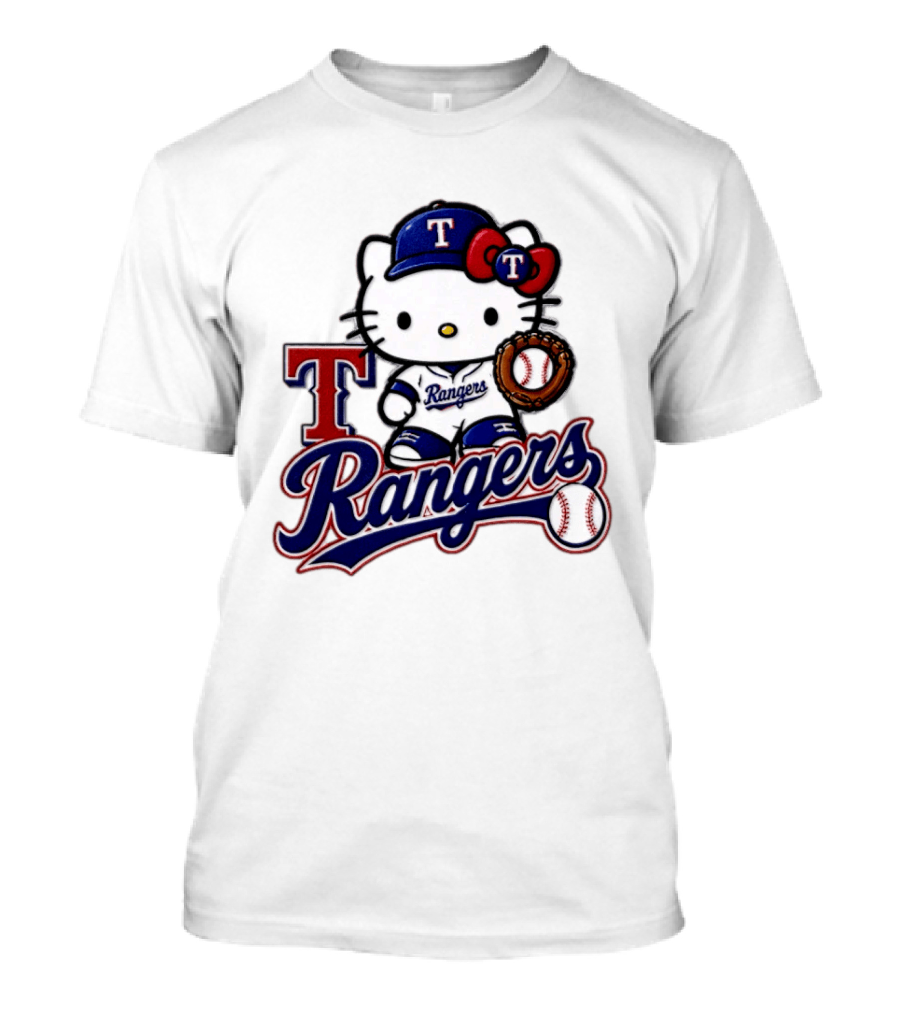 Hello Kitty Texas Rangers Baseball 2026 MLB Rangers Logo With Baseball Glove And Cap T-Shirt