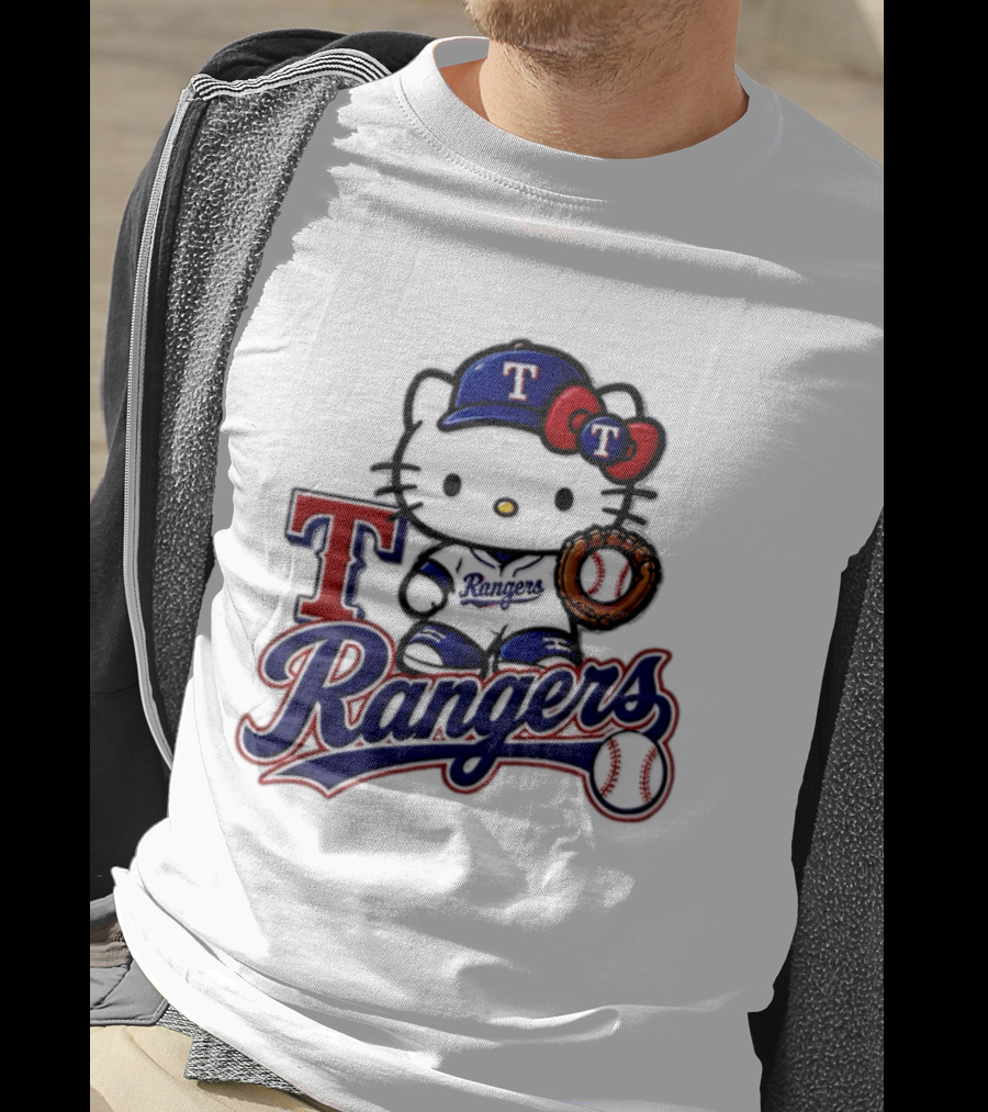 Hello Kitty Texas Rangers Baseball 2026 MLB Rangers Logo With Baseball Glove And Cap T-Shirt