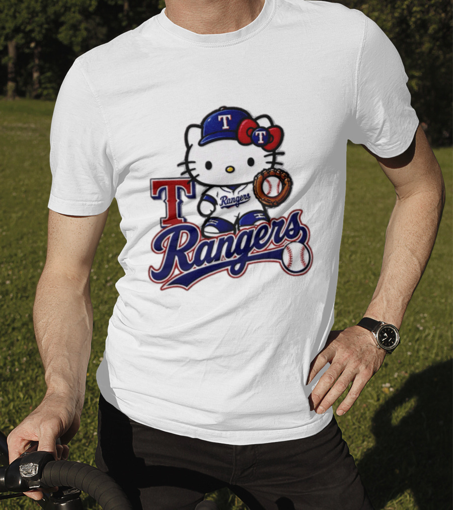 Hello Kitty Texas Rangers Baseball 2026 MLB Rangers Logo With Baseball Glove And Cap T-Shirt