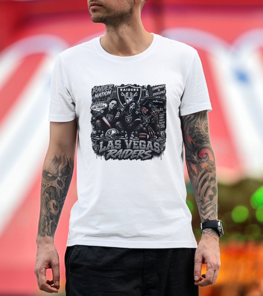 Raider Nation Las Vegas Raiders Michael Myers Ghostface Freddy Krueger Commitment To Excellence Halloween Allegiant Stadium T-Shirt