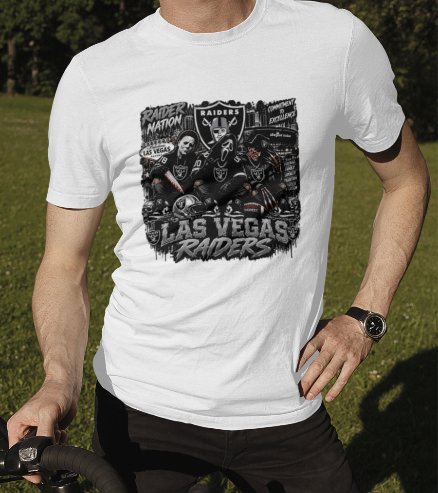Raider Nation Las Vegas Raiders Michael Myers Ghostface Freddy Krueger Commitment To Excellence Halloween Allegiant Stadium T-Shirt