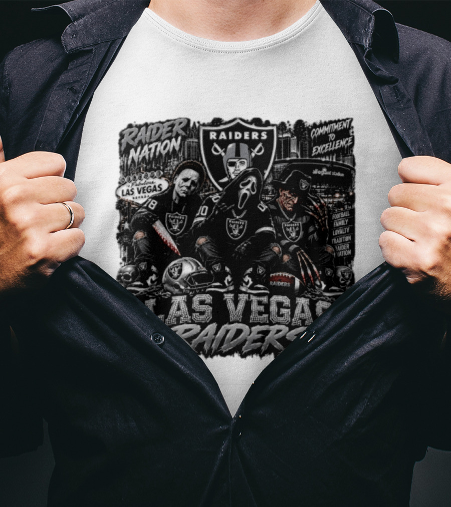 Raider Nation Las Vegas Raiders Michael Myers Ghostface Freddy Krueger Commitment To Excellence Halloween Allegiant Stadium T-Shirt