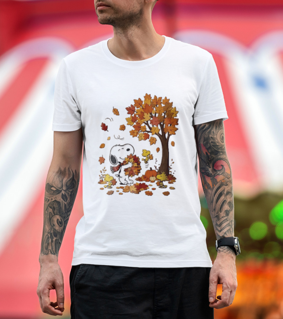 Snoopy Woodstock Autumn Leaves Pumpkin Fall Season Vibes T-Shirt
