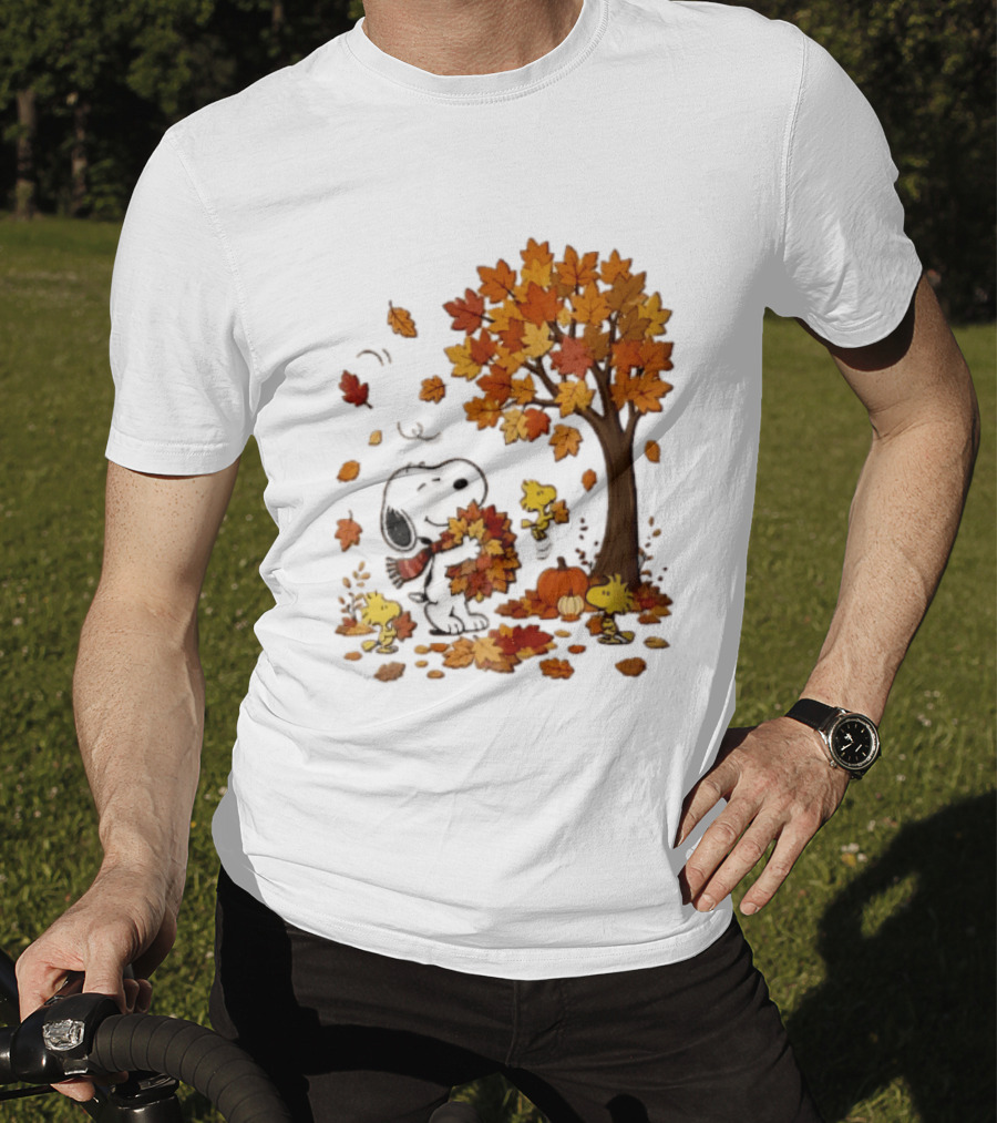 Snoopy Woodstock Autumn Leaves Pumpkin Fall Season Vibes T-Shirt