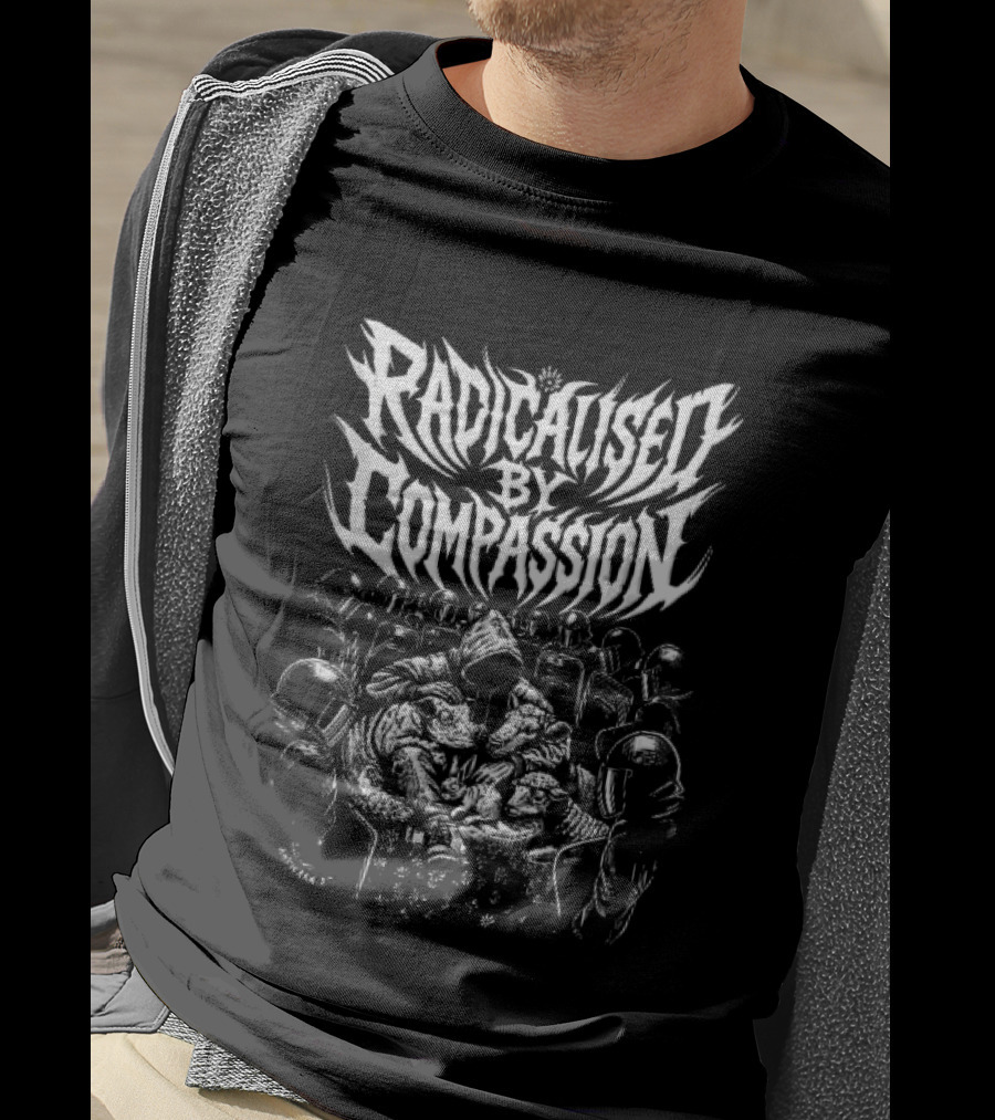 Radicalised By Compassion Hooded Figure Hugging Farm Animals Riot Police Line T-Shirt