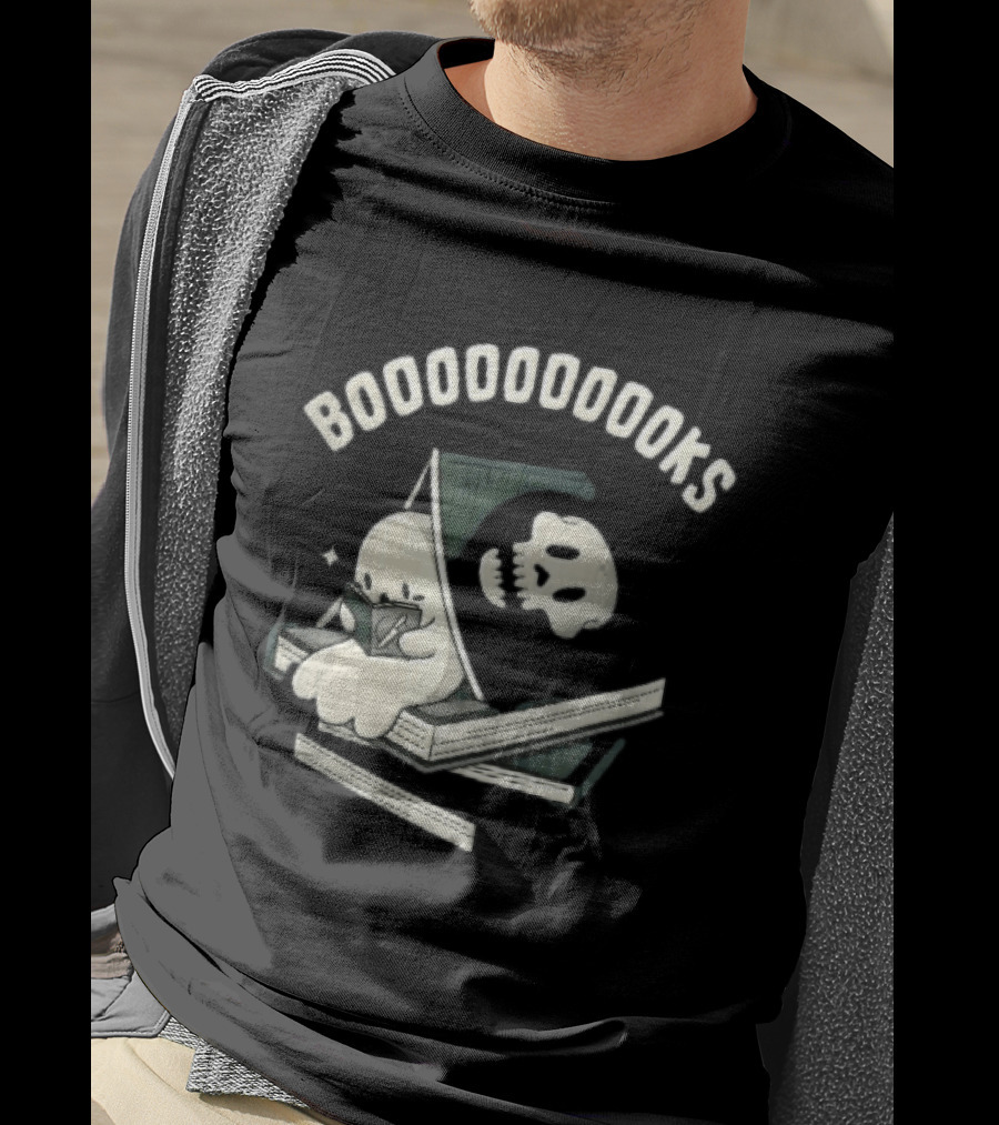 Boooooooooks Cartoon Ghost Reading Novel With Skeleton Specter T-Shirt