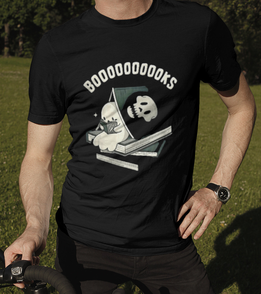 Boooooooooks Cartoon Ghost Reading Novel With Skeleton Specter T-Shirt