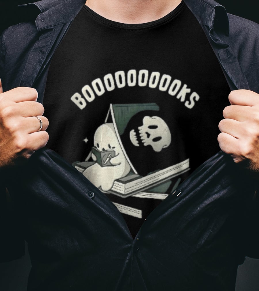 Boooooooooks Cartoon Ghost Reading Novel With Skeleton Specter T-Shirt