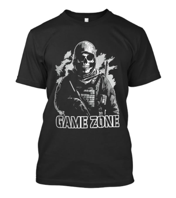 Game Zone Monochrome Skull Soldier Tactical Rifle Hooded T-Shirt