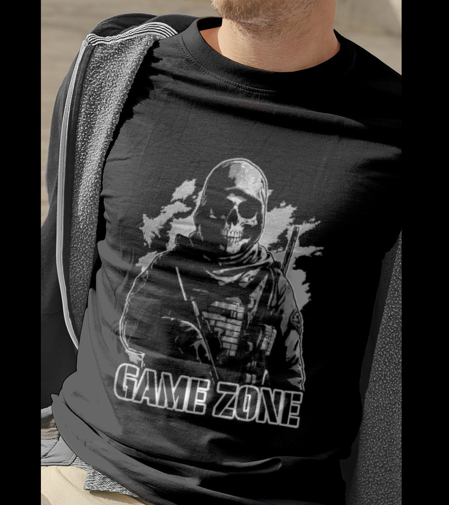 Game Zone Monochrome Skull Soldier Tactical Rifle Hooded T-Shirt