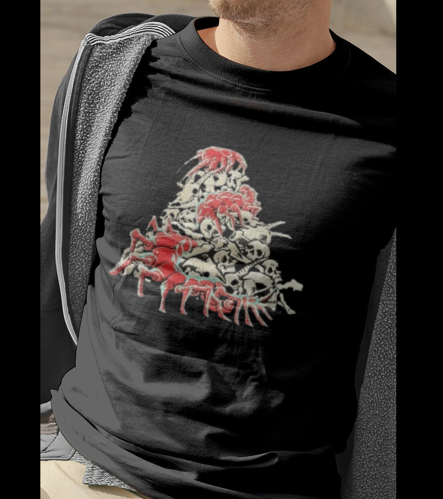 Giant Red Centipede Cyan Crawling Pile Of Skulls T-Shirt