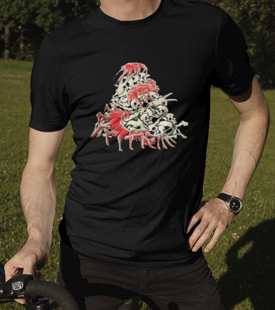 Giant Red Centipede Cyan Crawling Pile Of Skulls T-Shirt