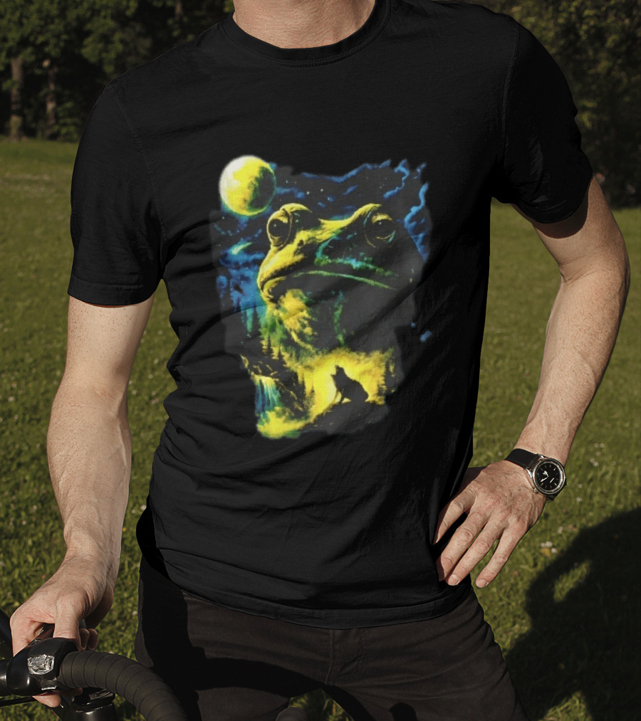Giant Toad Glowing Moon Howling Waterfall Forest Mystic Scene T-Shirt