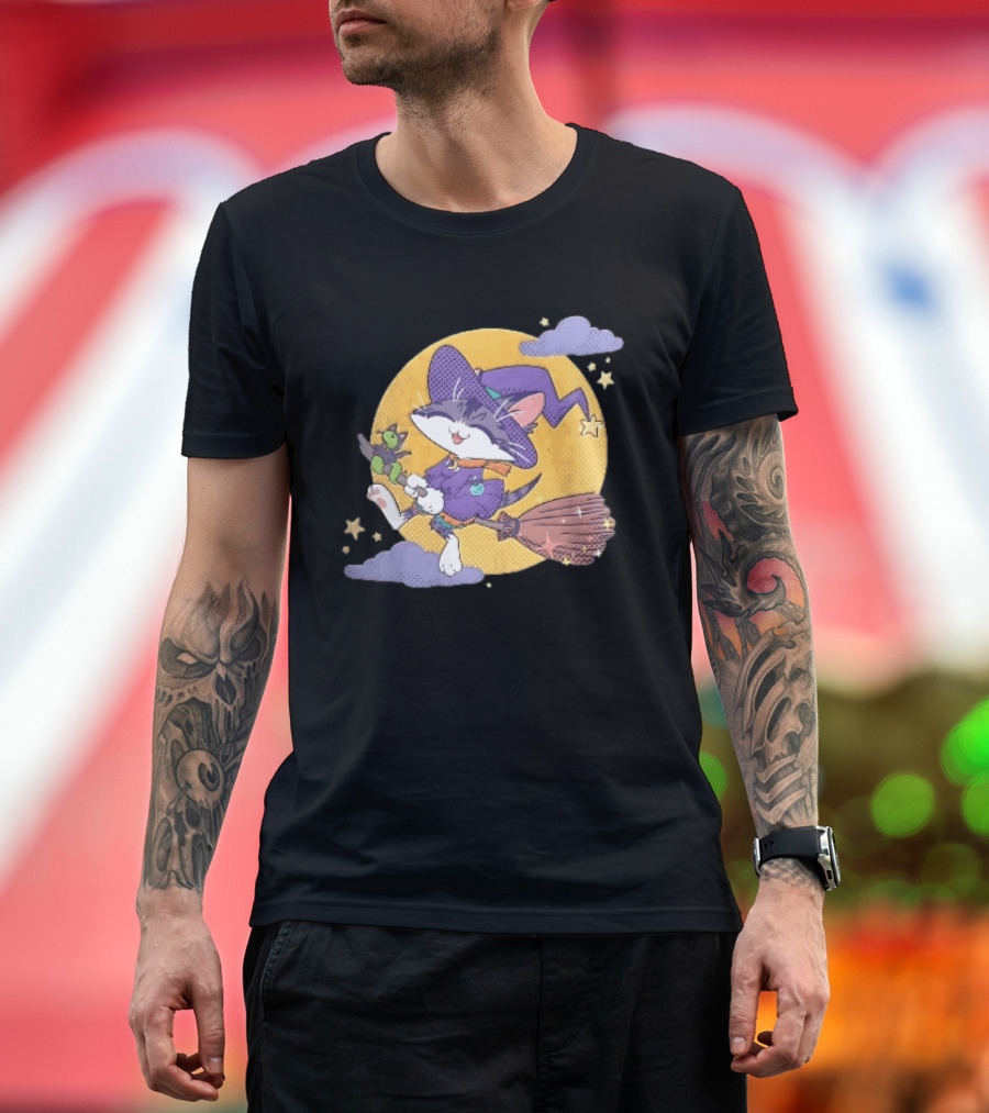 Halftone Cartoon Cat Witch Flying On Broomstick With Moon And Stars T-Shirt
