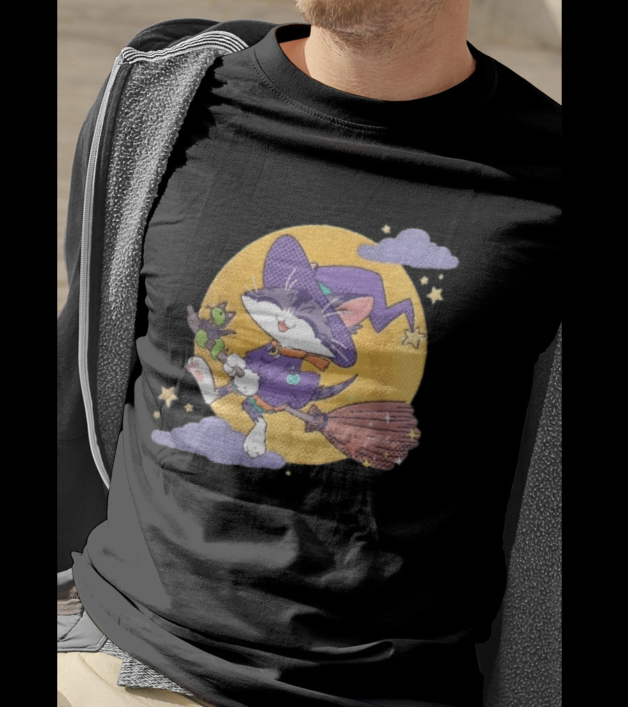 Halftone Cartoon Cat Witch Flying On Broomstick With Moon And Stars T-Shirt