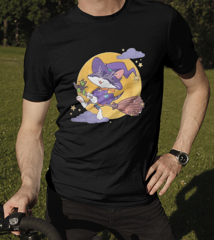 Halftone Cartoon Cat Witch Flying On Broomstick With Moon And Stars T-Shirt