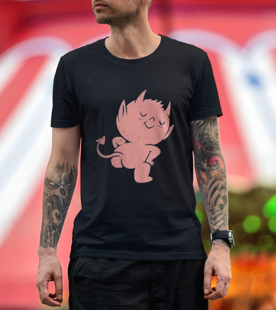 Mischievous Little Red Devil Cartoon Mooning With Distressed Texture T-Shirt