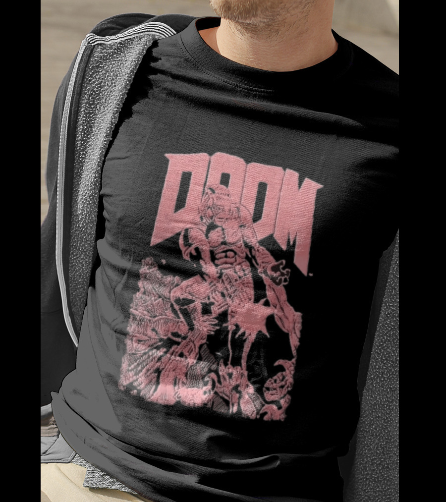 Doom Space Marine Battling Hell Demons Pink Sketch T-Shirt