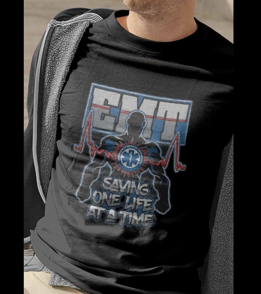 EMT Emergency Medical Technician Saving One Life At A Time With Muscular Silhouette And EKG Pulse T-Shirt