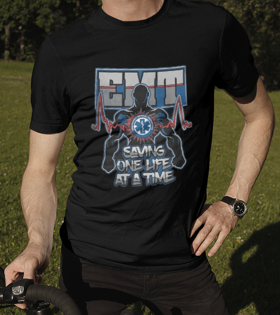 EMT Emergency Medical Technician Saving One Life At A Time With Muscular Silhouette And EKG Pulse T-Shirt