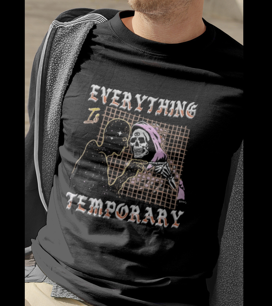 Everything Is Temporary Cosmic Skeleton Touching Fingers Grid T-Shirt