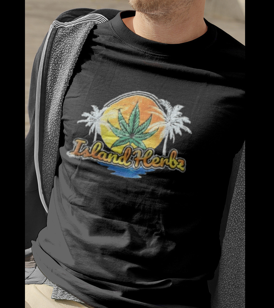 Island Herbz Cannabis Leaf Orange Sunset White Palm Trees T-Shirt