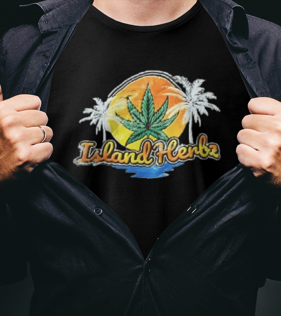 Island Herbz Cannabis Leaf Orange Sunset White Palm Trees T-Shirt