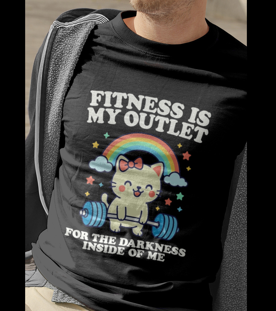 Fitness Is My Outlet For The Darkness Inside Of Me Cute Cat Weightlifting Rainbow T-Shirt