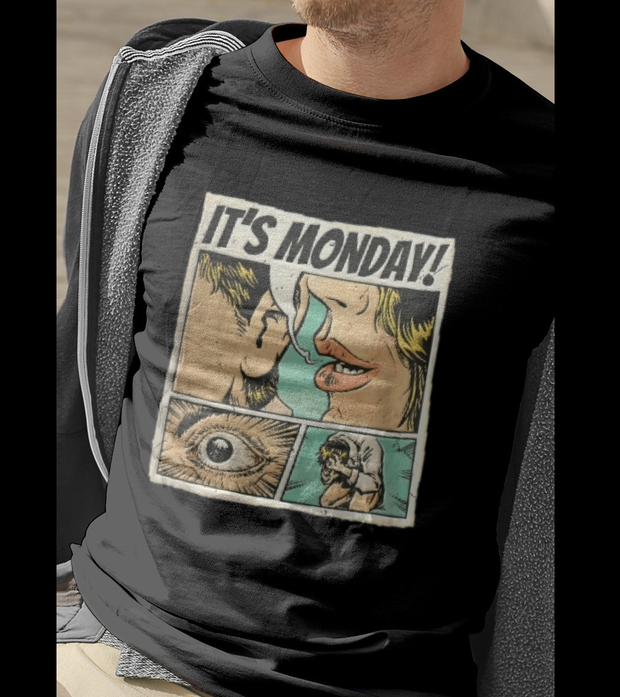 Its Monday Comic Strip Pop Art Woman Whispering Man Crying Vintage Halftone T-Shirt