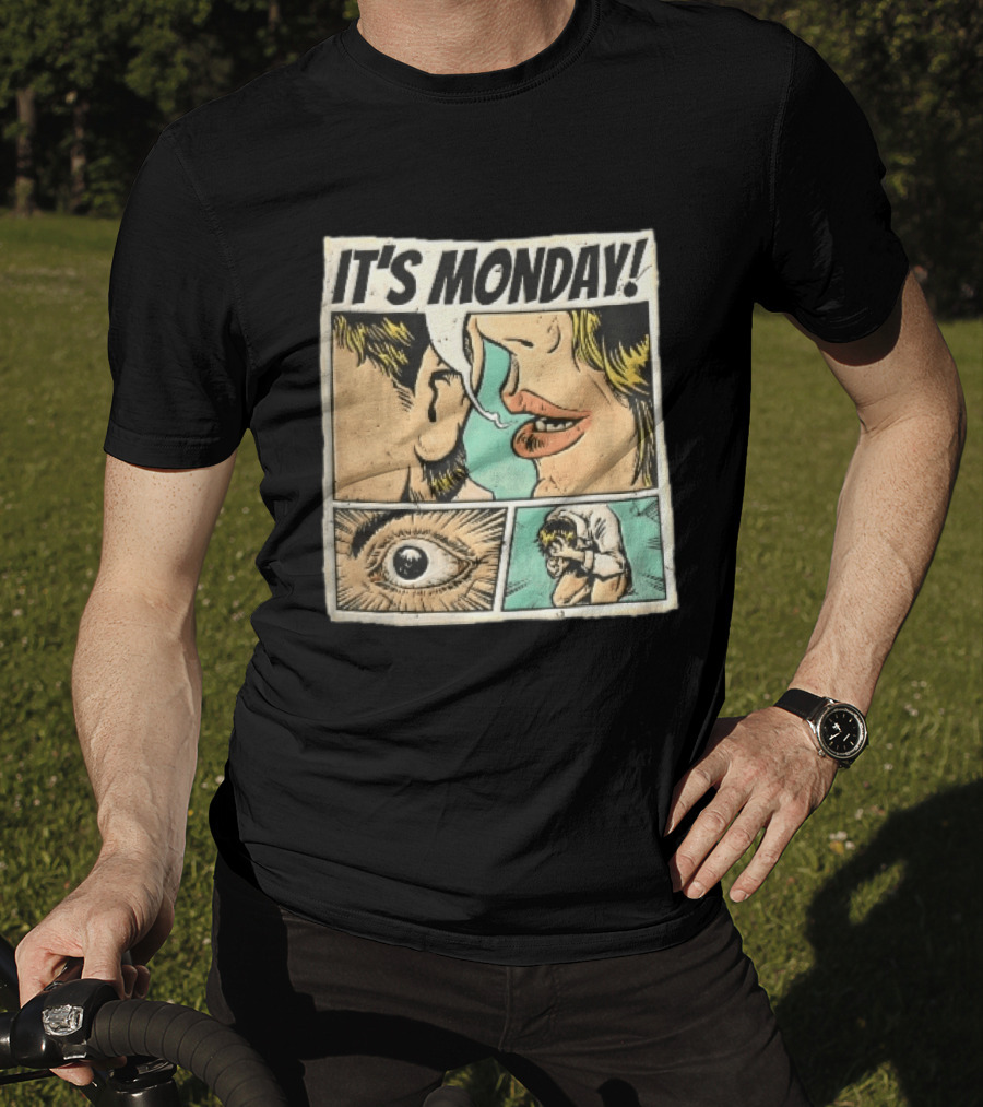 Its Monday Comic Strip Pop Art Woman Whispering Man Crying Vintage Halftone T-Shirt