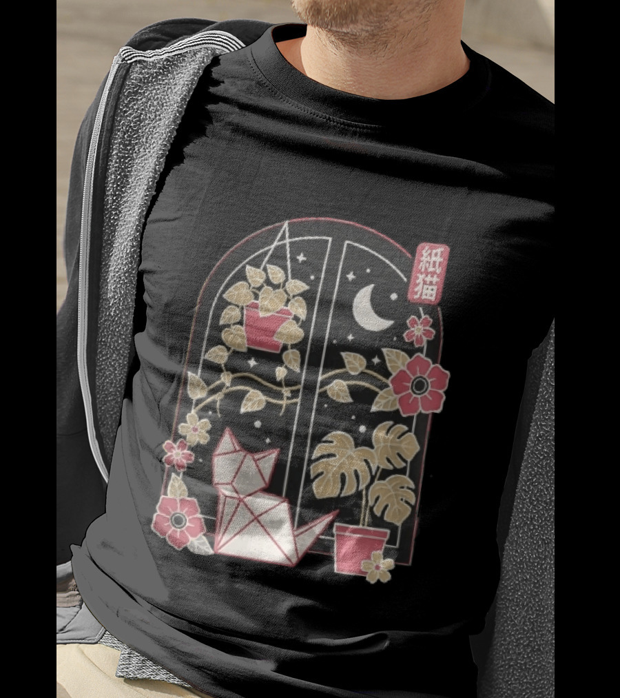 Kami Neko Origami Cat Crescent Moon Japanese Garden Scene T-Shirt