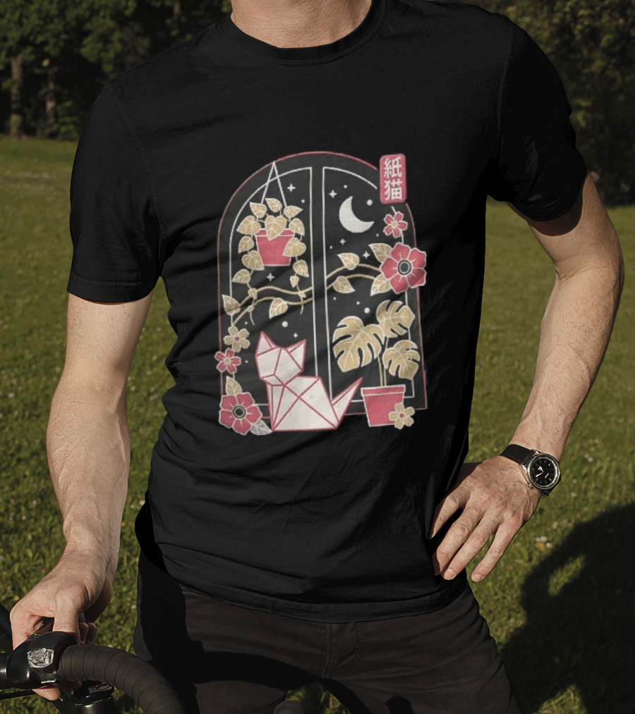 Kami Neko Origami Cat Crescent Moon Japanese Garden Scene T-Shirt