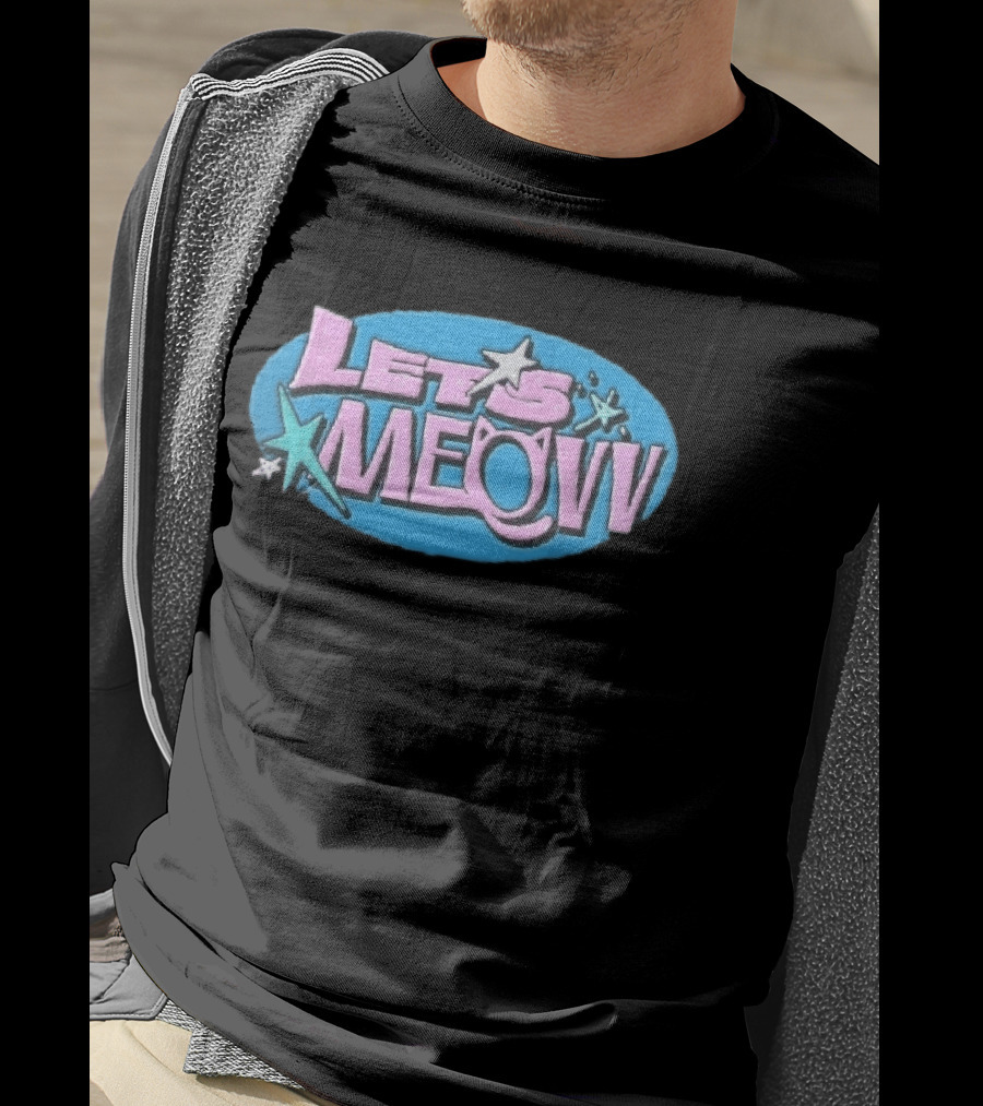 Lets Meovv Cat Ears Pink Distressed Glitter Stars Blue Oval T-Shirt