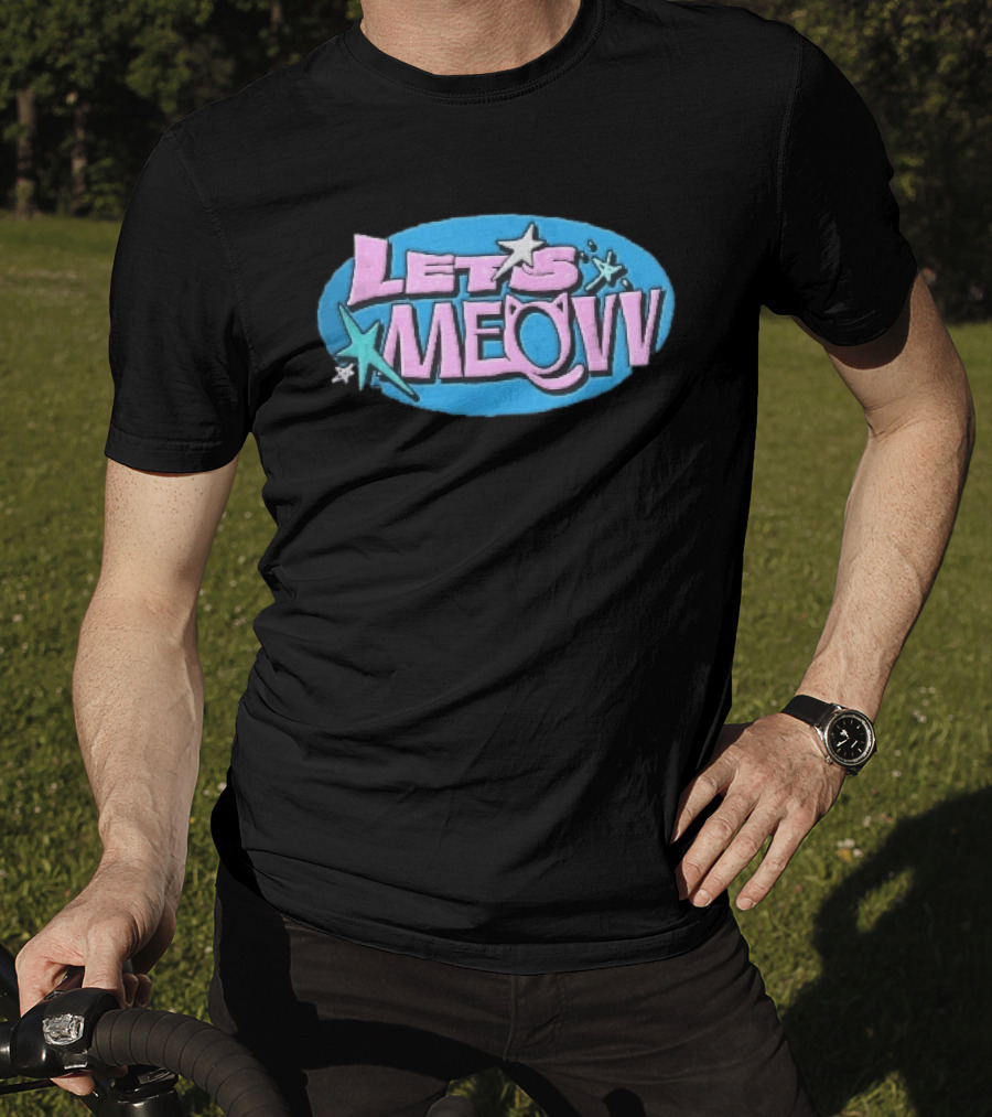 Lets Meovv Cat Ears Pink Distressed Glitter Stars Blue Oval T-Shirt