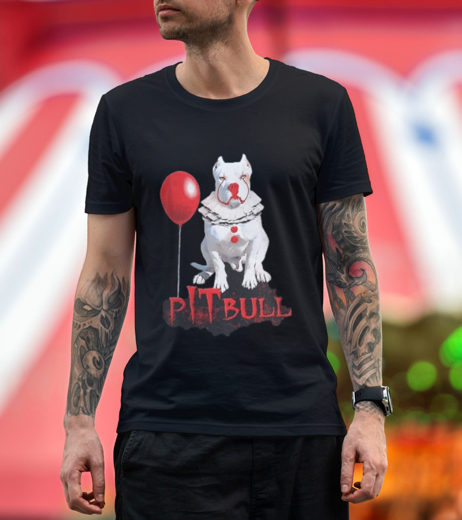 Pitbull Dog Pennywise Clown Red Balloon Distressed White T-Shirt