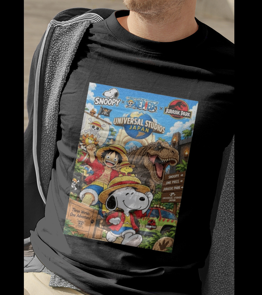 Snoopy One Piece Jurassic Park Universal Studios Japan Three Worlds One Adventure T-Shirt
