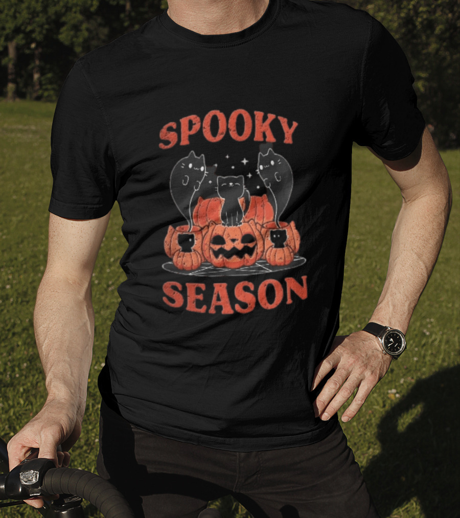 Spooky Season Black Cats Jack O Lantern Pentagram Cartoon T-Shirt