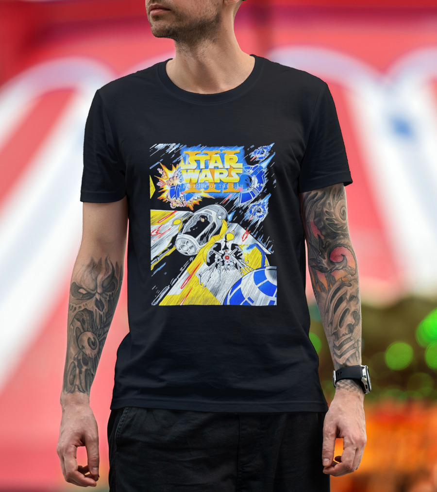 Star Wars Revenge Of The Sith Galactic Battle Artwork Featuring Anakin Skywalker And Iconic Droid Spaceships T-Shirt