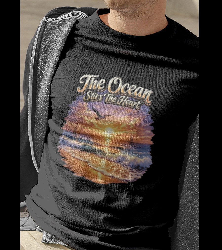 The Ocean Stirs The Heart Seagull Flying Sunset Beach Sailboats Waves T-Shirt